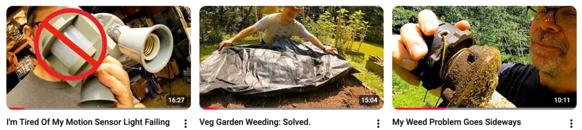 3 thumbnail images for youtube videos about lights, tarps, and weed trimmers.
