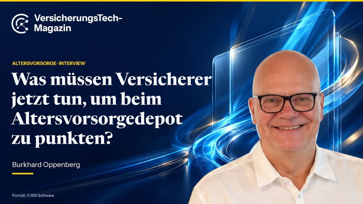 Burkhard Oppenberg vor blauem Technologiehintergrund neben der Interviewfrage zum Altersvorsorgedepot.