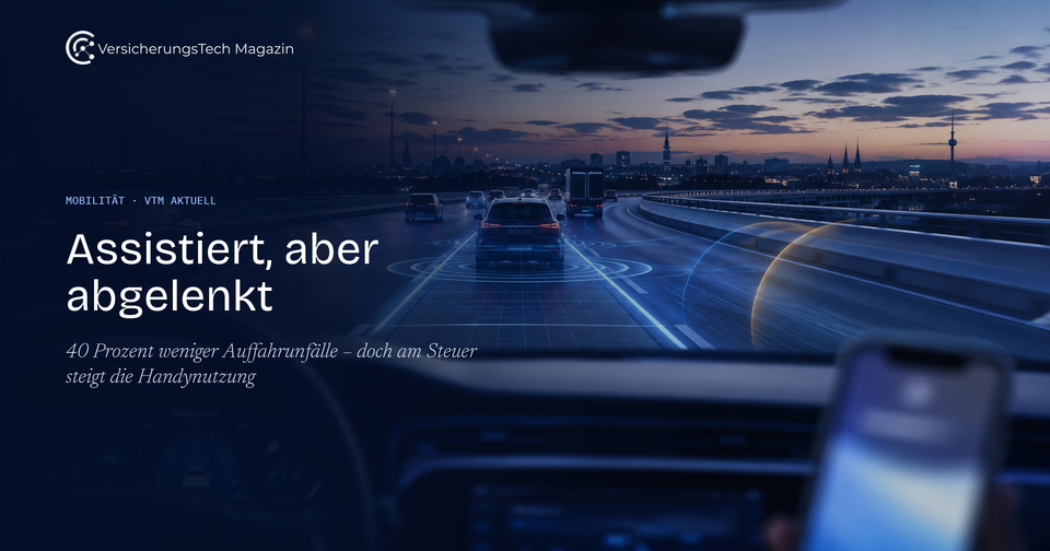 VTM-Titelbild: Assistiert, aber abgelenkt. Fahrassistenzsysteme senken Auffahrunfälle, zugleich steigt die Handynutzung am Steuer.