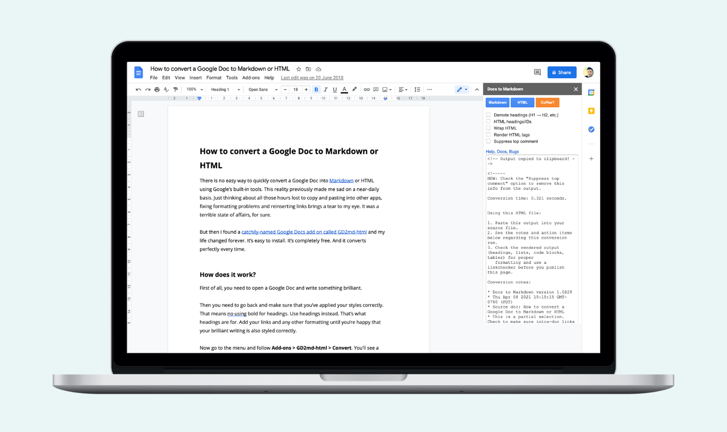 How to convert a Google Doc to Markdown or HTML