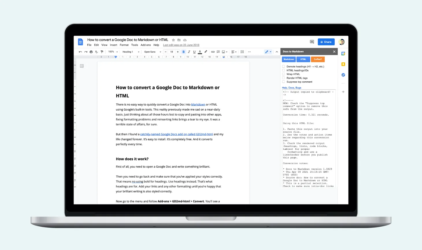 How to convert a Google Doc to Markdown or HTML