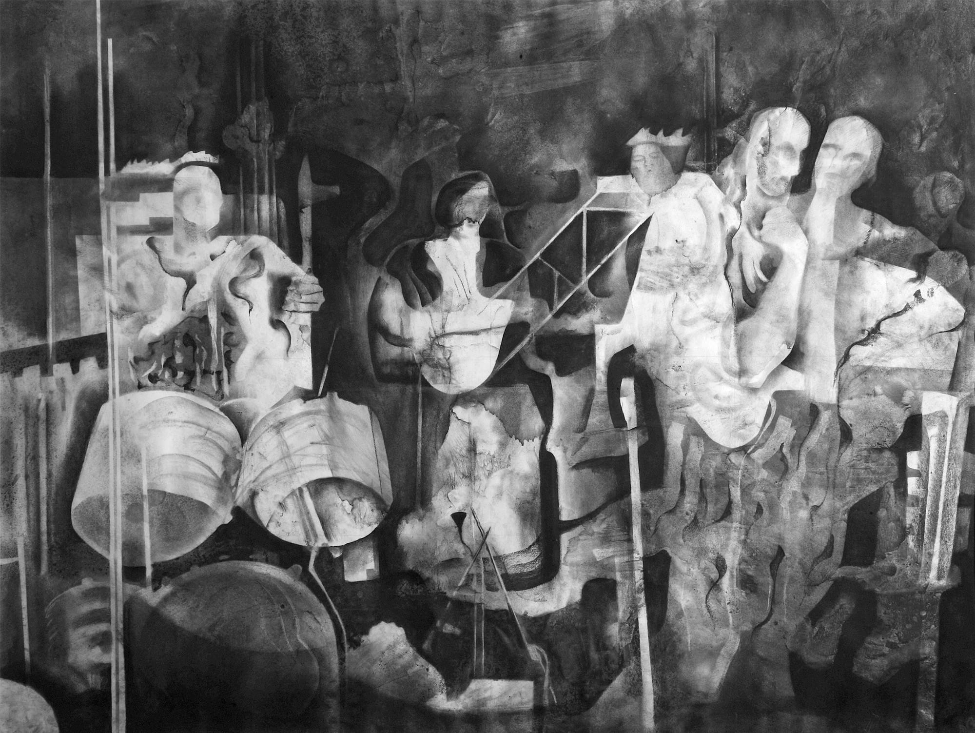 A charcoal painting of a band