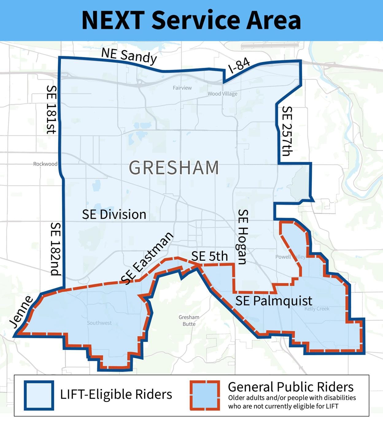 "Next service area." Map of Gresham with a blue outline of the city and a smaller, red outline of roughly the bottom quarter of the city.. Map legend: blue outline is lift-eligible riders. Red outline is general public riders, "older adults and/or people with disabilities who are not currently eligible for LIFT"