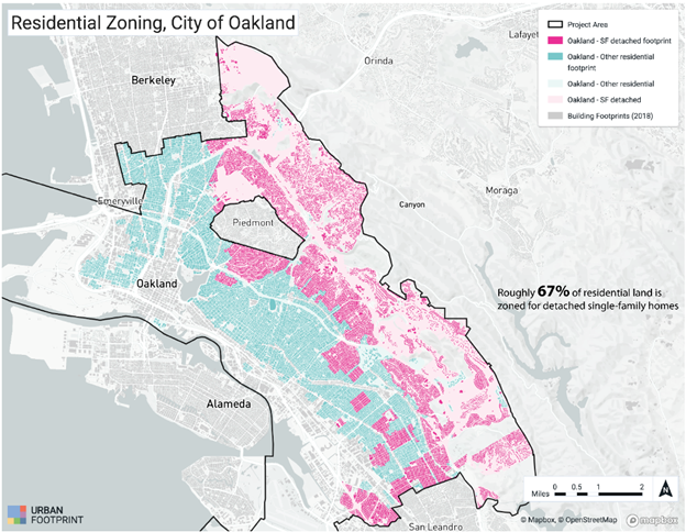 Map of residential zoning in the city of Oakland. Two thirds of color-coded residential land is pink (SF detached footprint) and one third is blue (other residential footprint) 