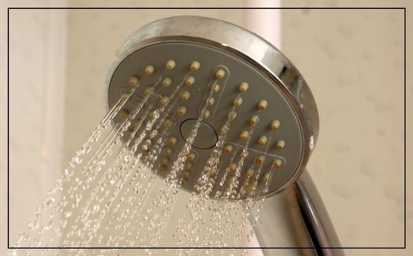 A hand-held shower head with water coming out. 