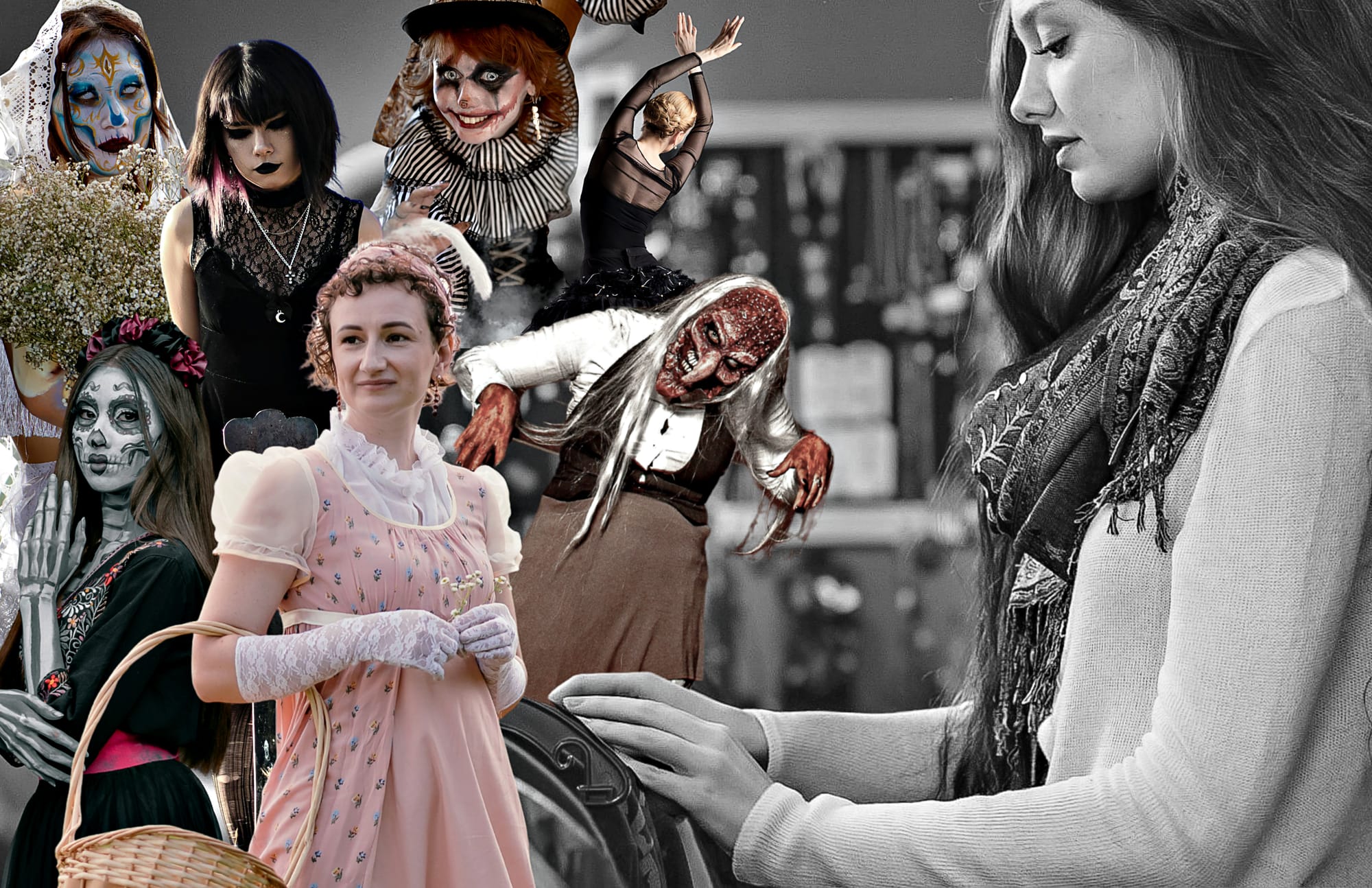 Editorial collage showing a woman browsing clothing surrounded by theatrical and Halloween-inspired figured in period, gothic, clown, and Día de los Muertos-style costumes