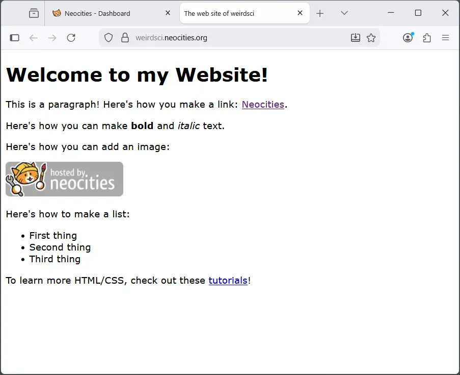an unmodified website on Neocities