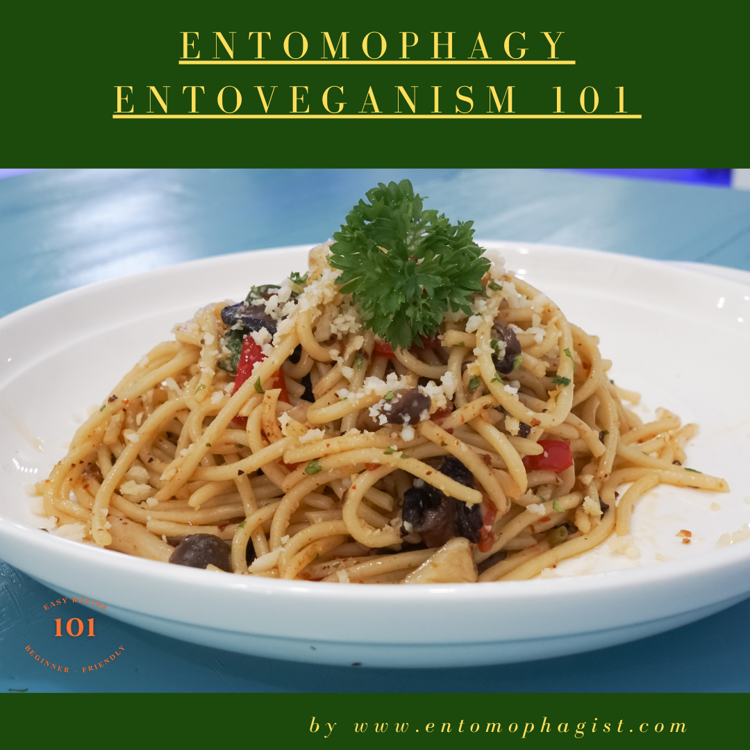 Roasted crickets highlighting their role as the unique protein source on gluten-free aglio e olio spaghetti with garlic, olive oil, chili, and Parmesan.