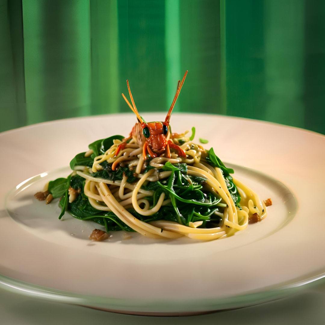 Chef Luciano's Entovegan Delight: 'Spinach Linguini' A Culinary Journey with Grasshopper Alfredo
