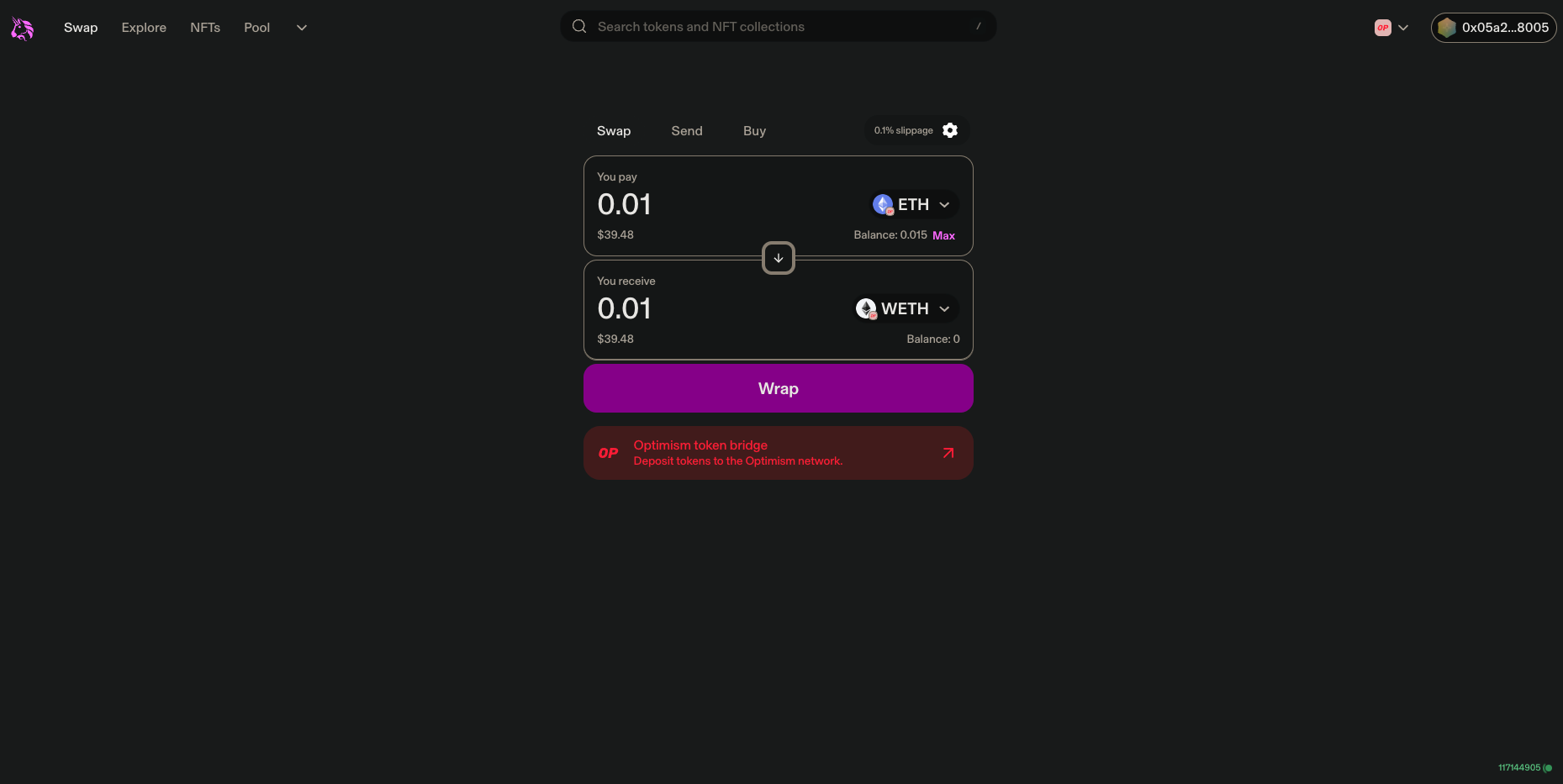 A screenshot of Uniswap showing the ratio between ETH and wETH is 1:1