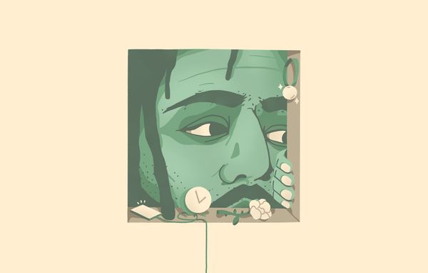 Illustration: a green-tinted J. Cole peers through a hole in a wall, surrounded by objects like a tablet, clock and rose.