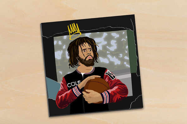 Illustration from a straight-down perspective of a J. Cole album laid on a light-stained wood desk.