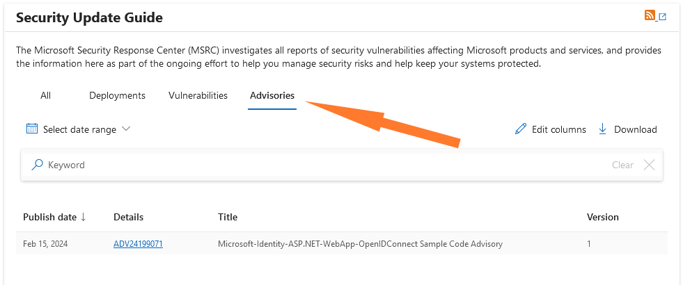 Screenshot of the Advisories tab