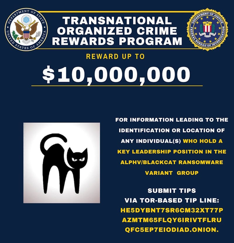 Reward poster for AlphV gang