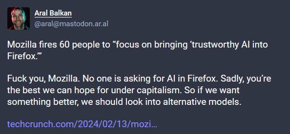 Mastodon post from Aral Balkan