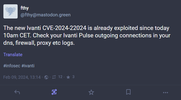 Mastodon post about attacks on Ivanti appliances