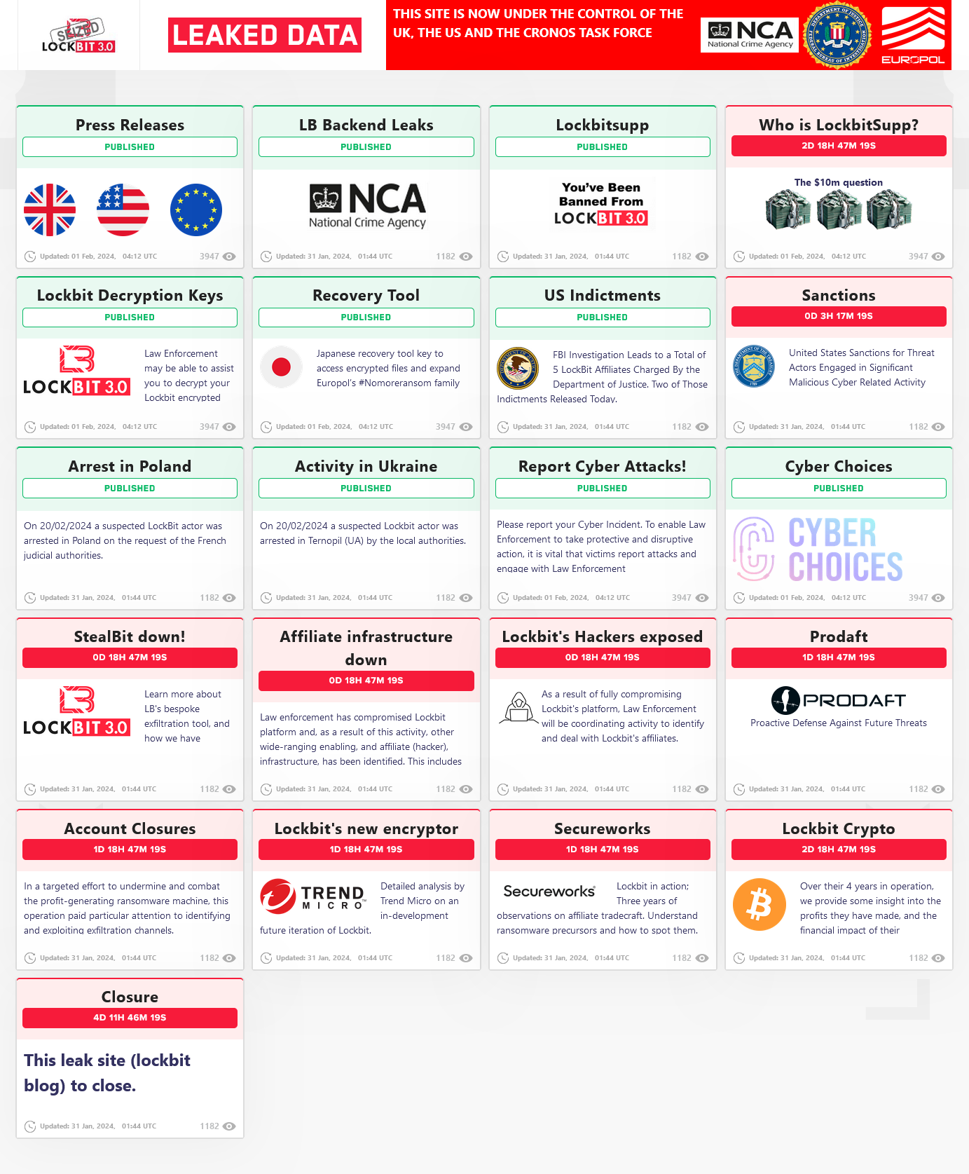 LockBit dark web portal listing content from their own takedown