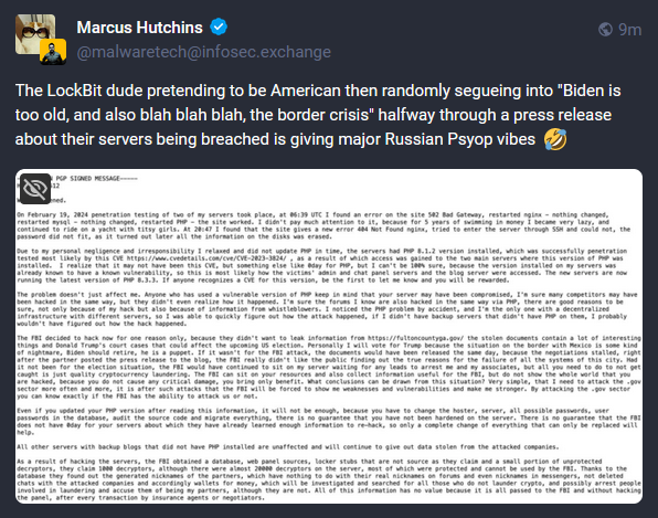Mastodon post from Marcus Hutchins