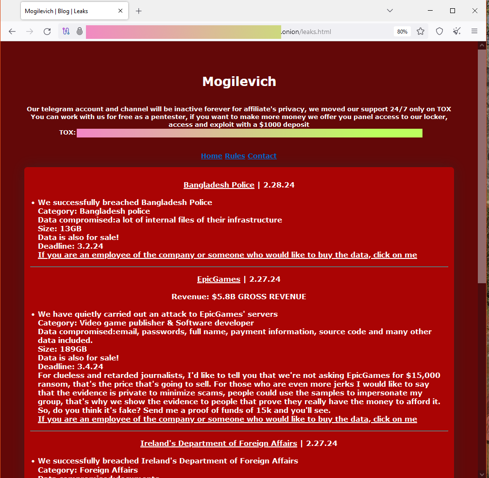 Dark web leak site for the Mogilevich group