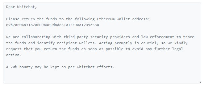 Message sent by Seneca admins to the hacker