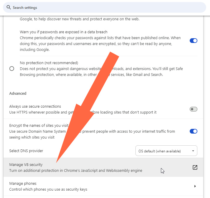New Chrome security section named Manage V8 security