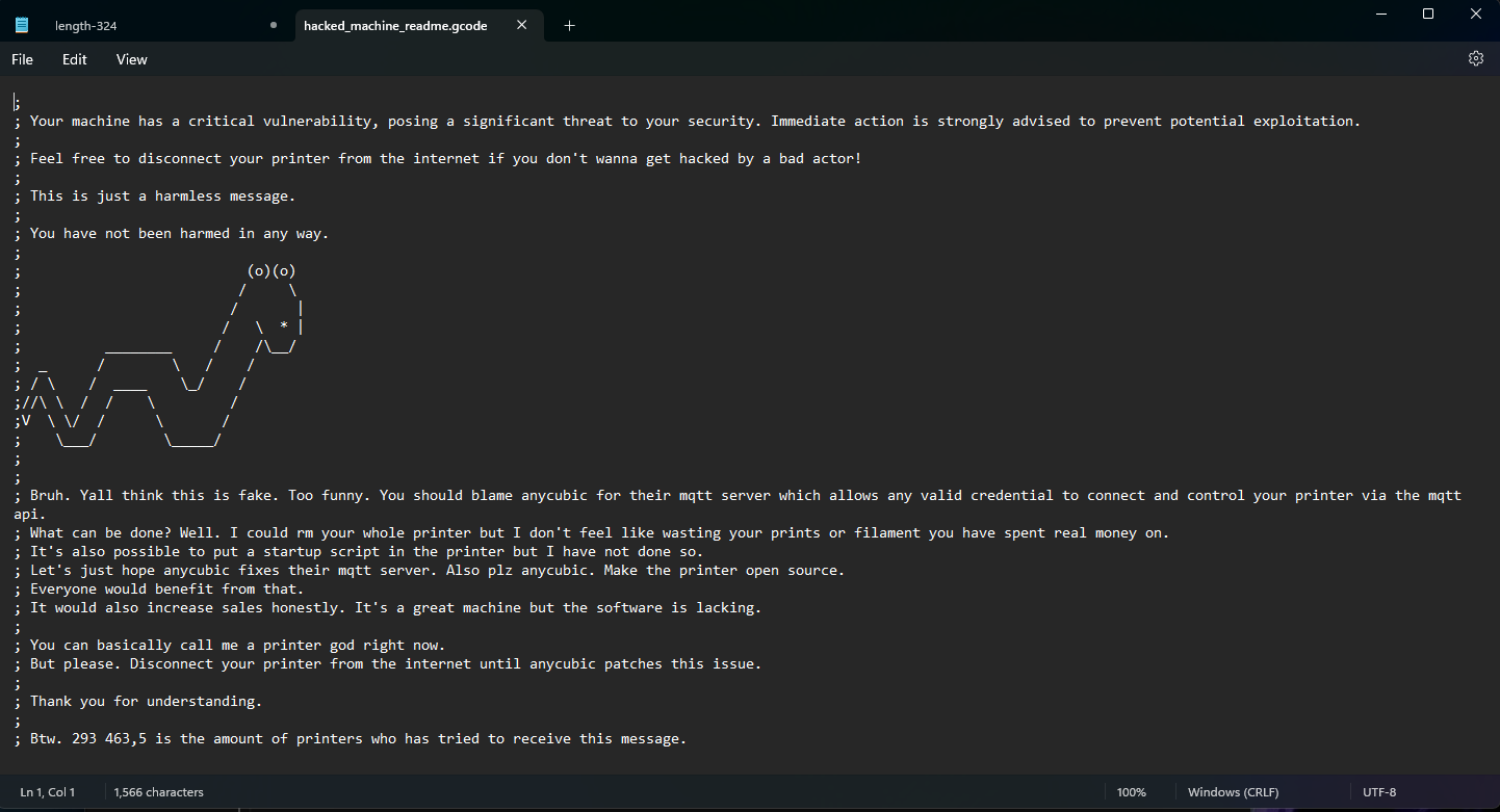 Text left on the hacked Anycubic 3D printers