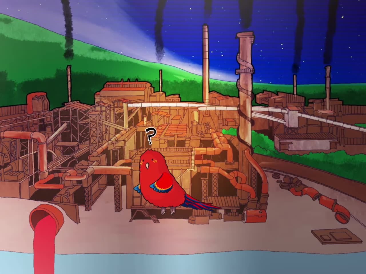 A colourful bird in front of a polluting mine