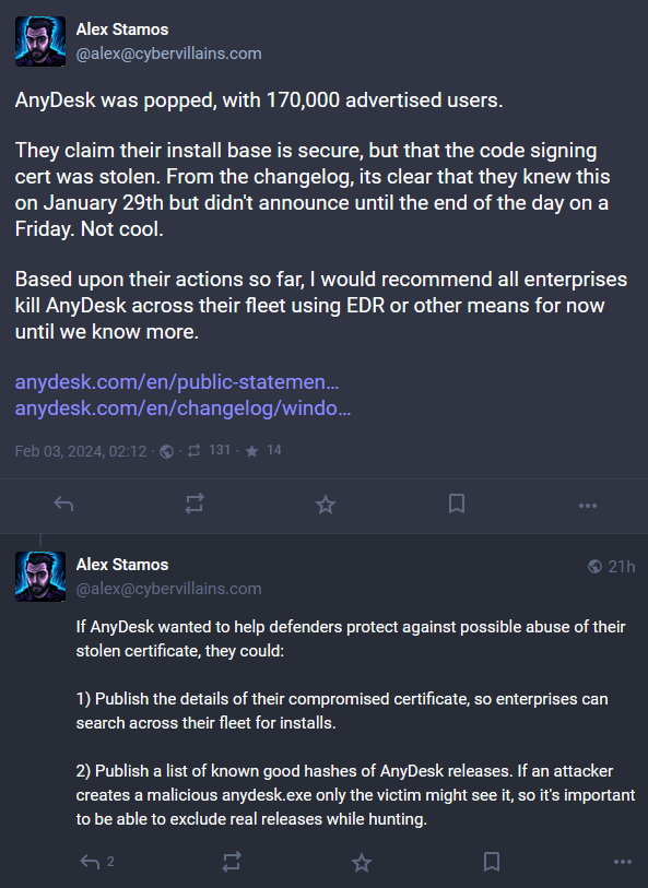 Two Mastodon posts from Alex Stamos