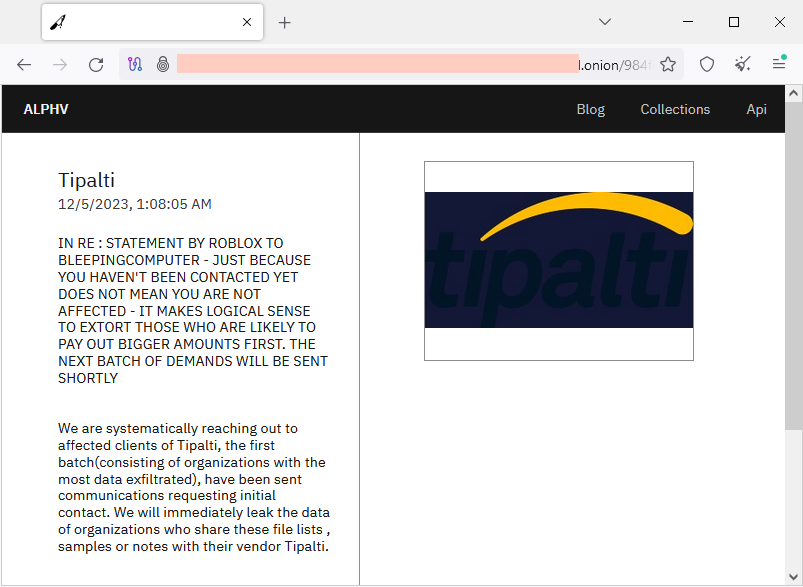 Screenshot of the AlphV ransomware leak site listing Tipalti as a victim and threatening Roblox