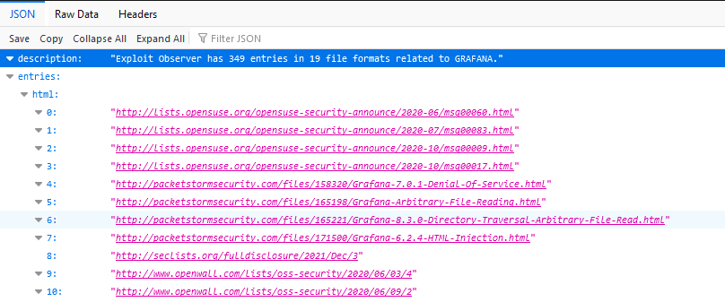 Output of the Exploit Observer API