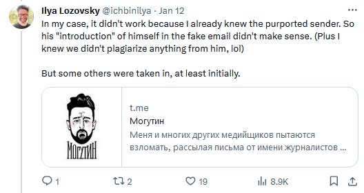 Screenshot of a tweet from an OCCRP reporter about the phishing attacks