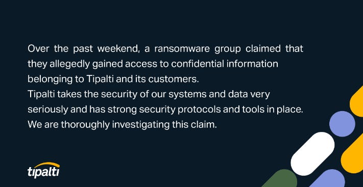 Screenshot of the Tipalti statement confirming the attack