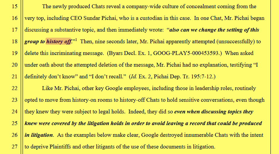 Court document showing Google CEO Sundar Pichai asking employees to turn chat history off