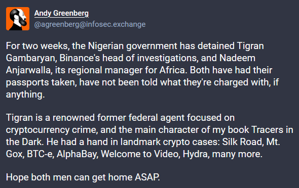 Mastodon post from Andy Greenberg