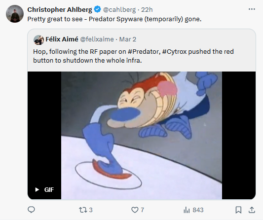Tweet from Recorded Future founder Christopher Ahlberg, quoting Felix Aime of Sekoia