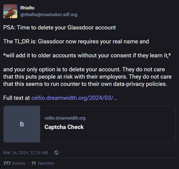Mastodon post from Rhialto