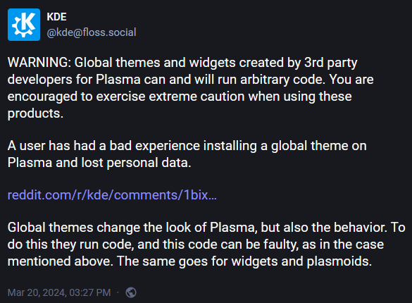 Mastodon post from the KDE team