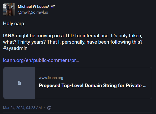 Mastodon post from Michael W. Lucas