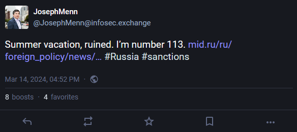 Mastodon post from Joseph Menn