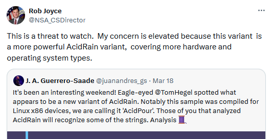 Tweet from NSA Cyber Director Rob Joyce