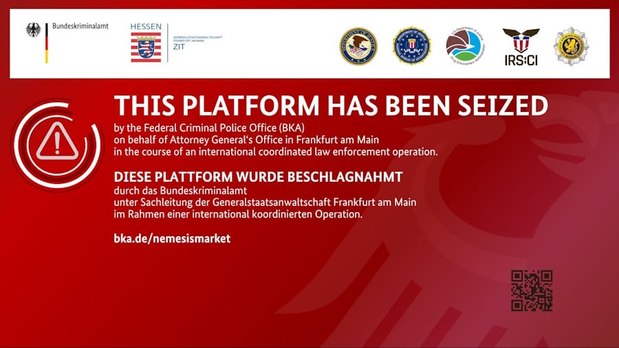 Takedown notice on the Nemesis Market home page