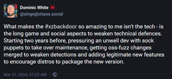 Mastodon post from Dominic White