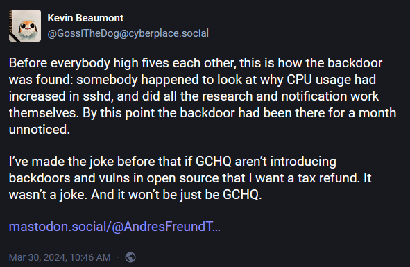 Mastodon post from Kevin Beaumont