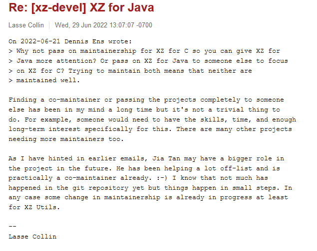 Mailing list entry from Lasse Collin