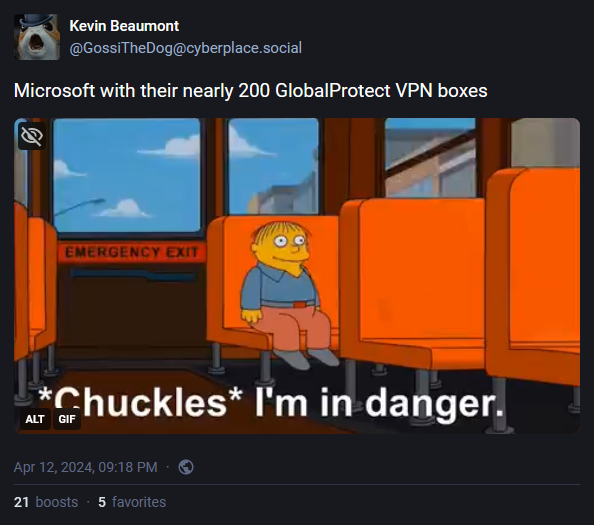 Mastodon post from Kevin Beaumont