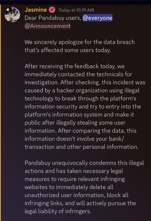 Discord message from the PandaBuy channel