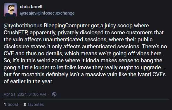 Mastodon post from Chris Farrell