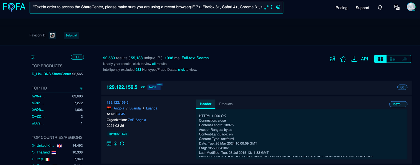 FOFA search results for vulnerable devices