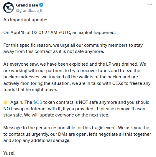 Twitter post from Grand Base