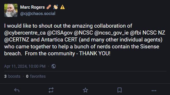 Mastodon post from Marc Rogers